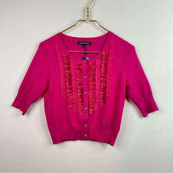 Express Y2K Pink fuchsia tiny fit Ribbon Tulle Rhinestone Cardigan Sweater S new - Picture 1 of 12